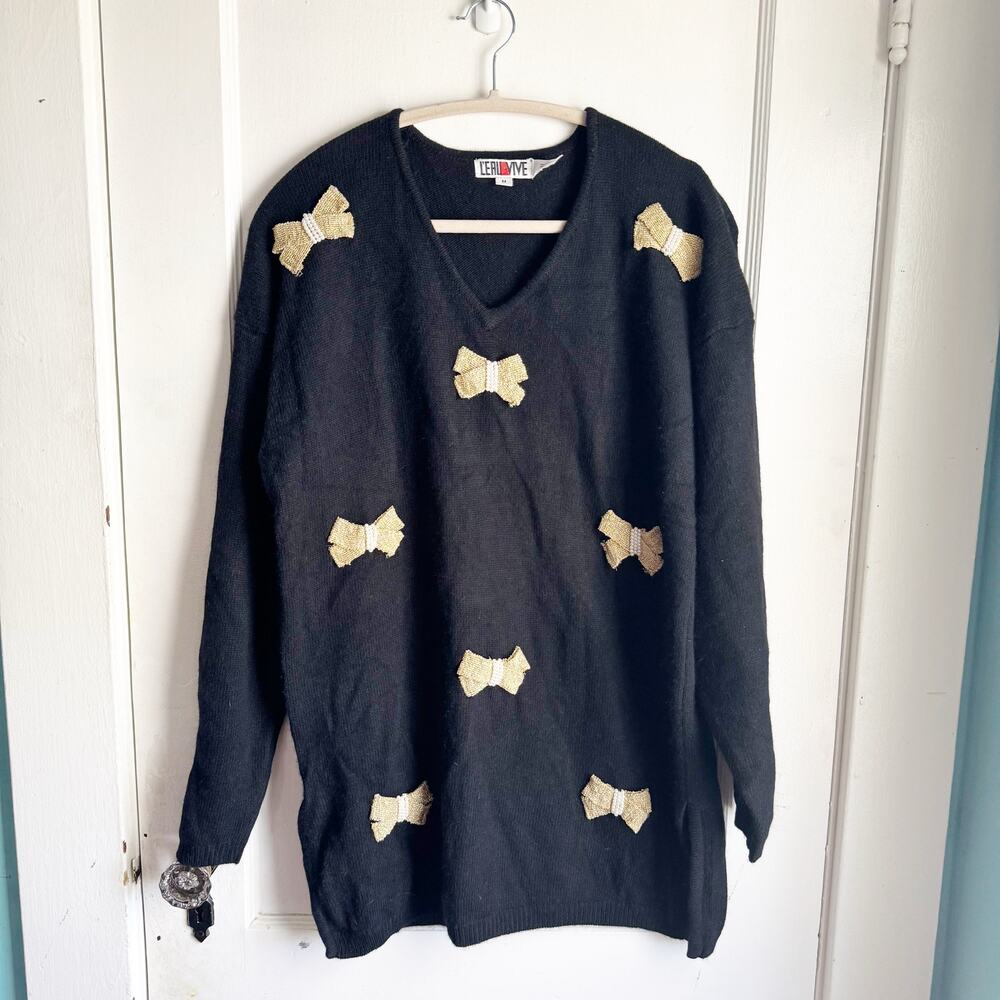 VTG L’EAU VIVE Vintage Wool Angora Rabbit Hair Gold Pearl Bow Sweater Medium M